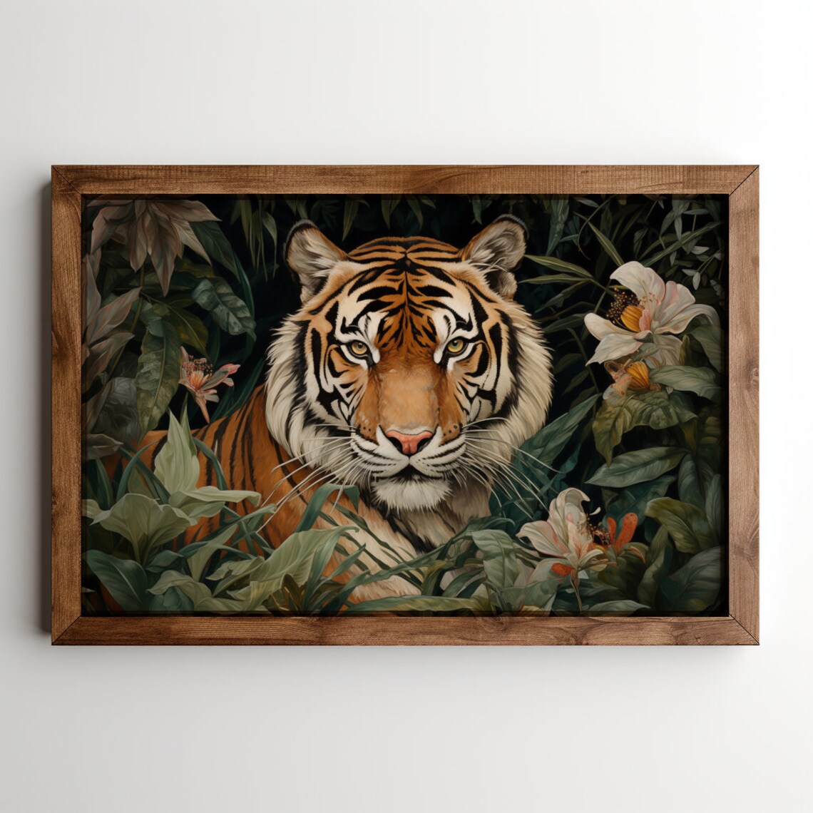 Majestic Tiger Portrait in Dark Jungle Foliage Boho Wall Art - Image 2