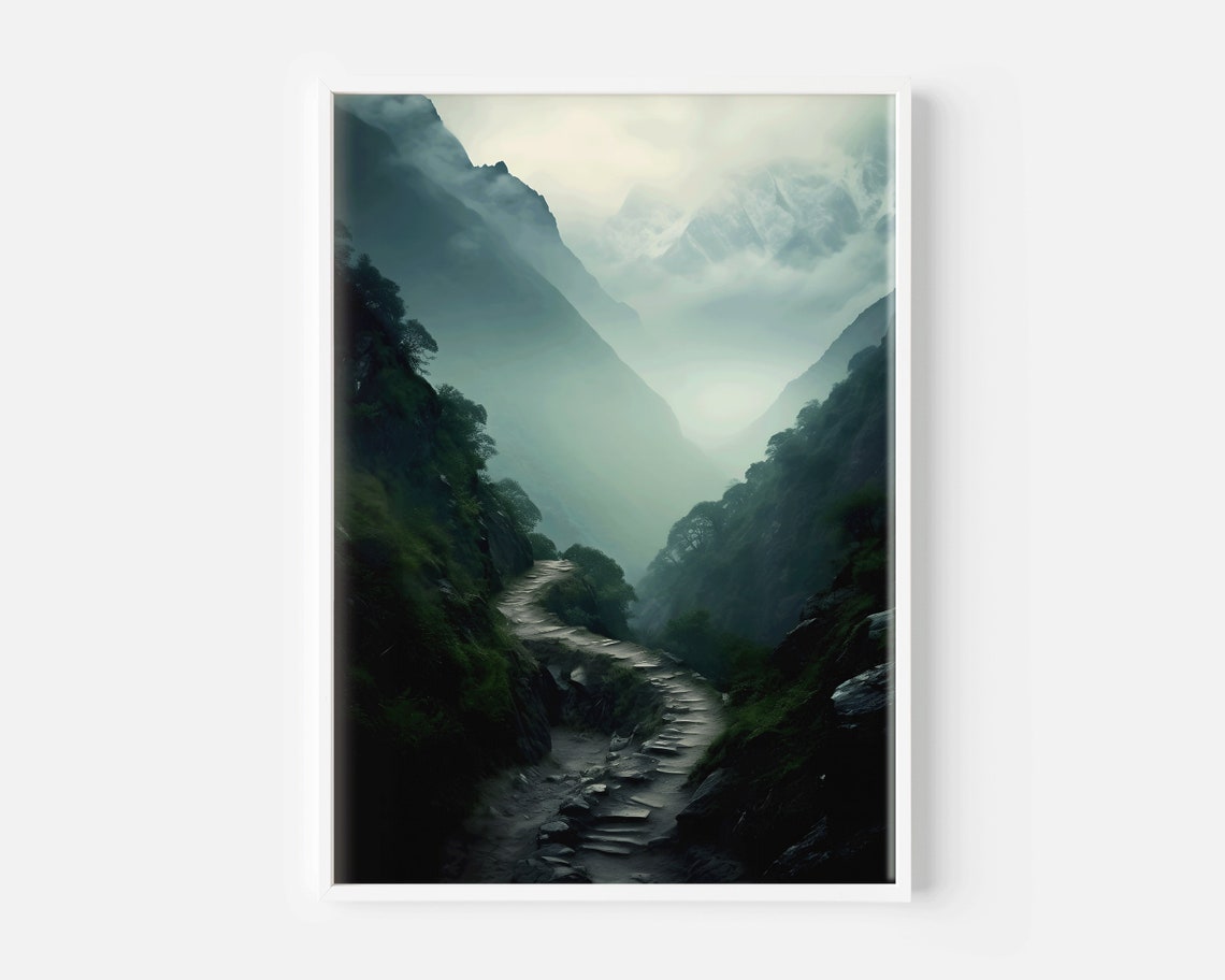 Winding Stone Path Through Misty Green Mountain Valley Poster - Image 2