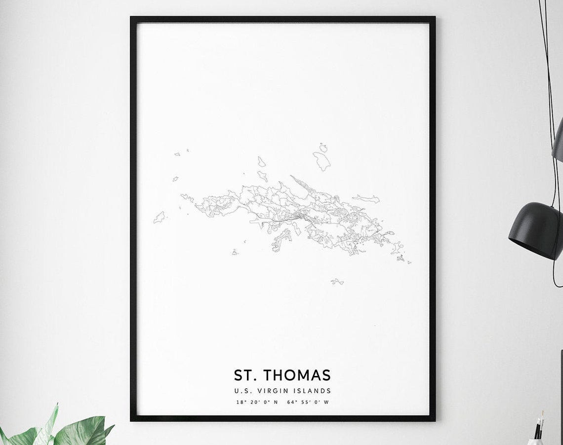 St Thomas U.S. Virgin Islands Line Map With Coordinates Poster