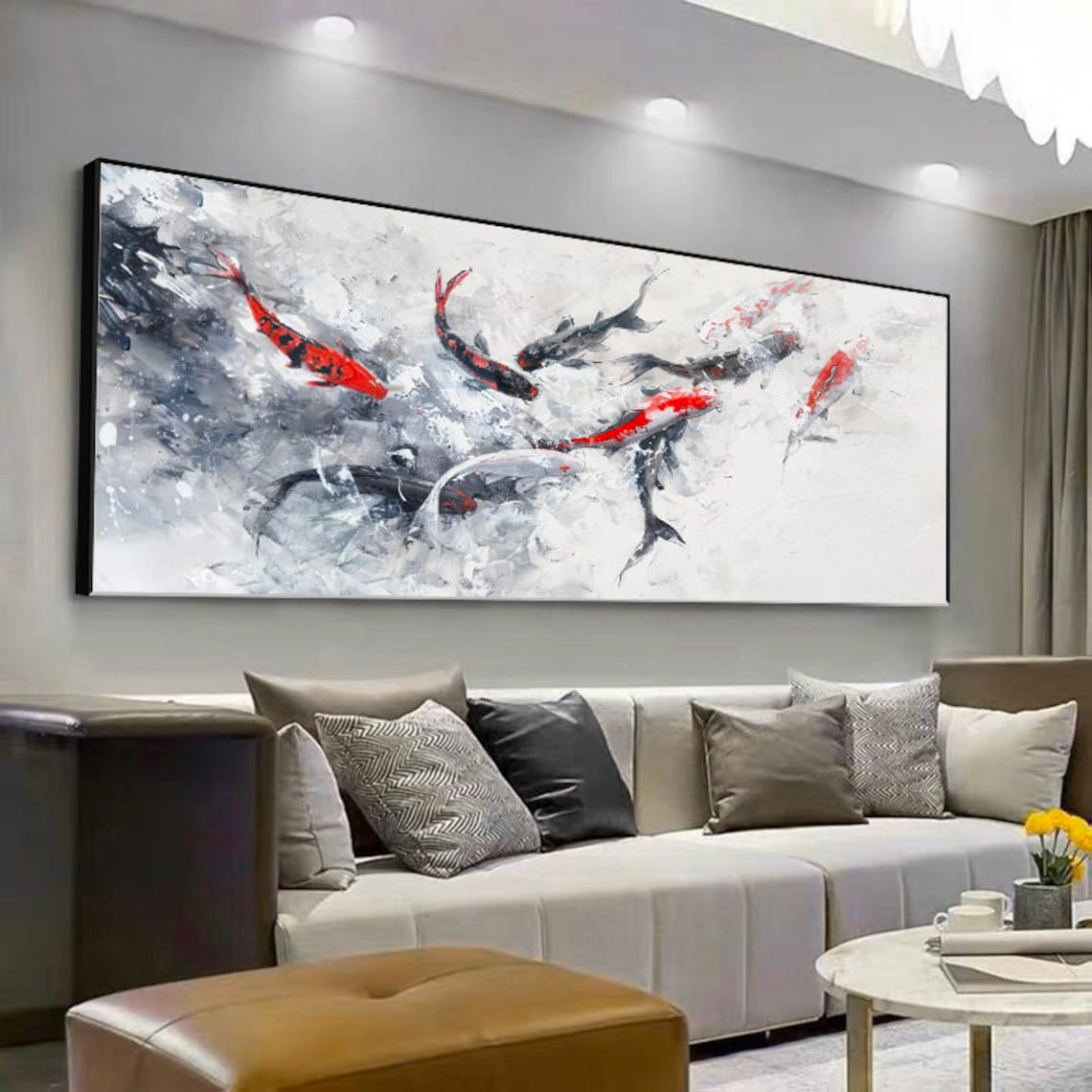 Black and White Koi Fish Oil Painting Wall Art - Image 3