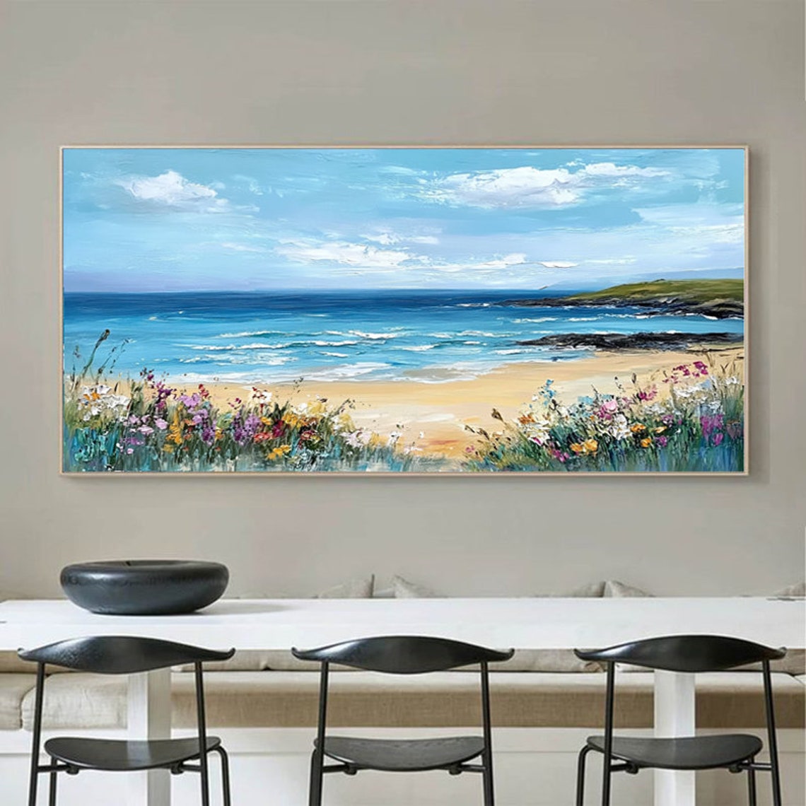 Sunny Flower Fringed Beach With a Rocky Cove Panoramic Poster