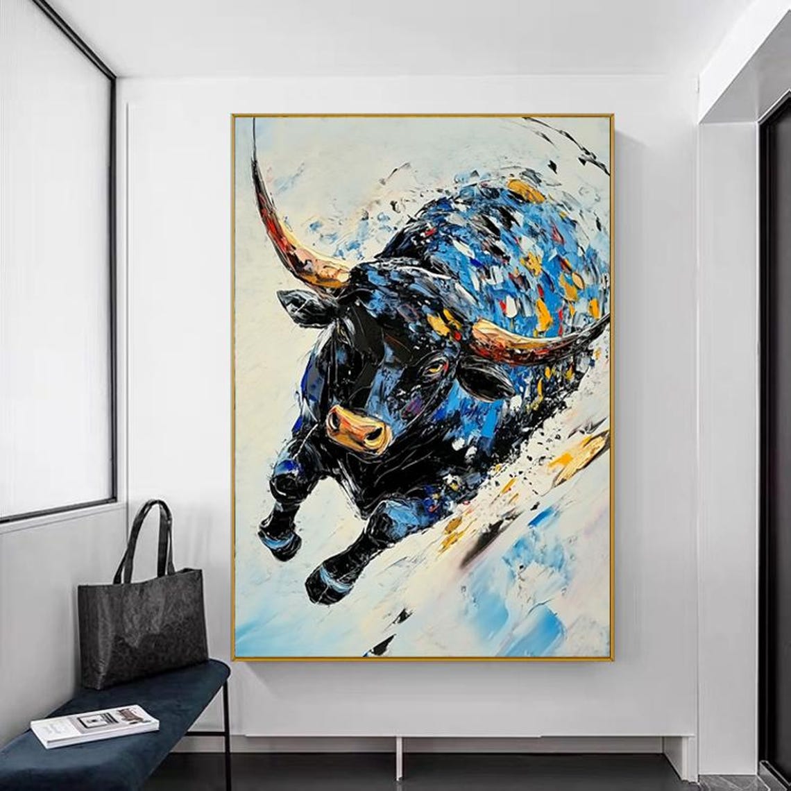 Powerful Charging Bull Abstract Blue Impasto Oil Painting Art Poster