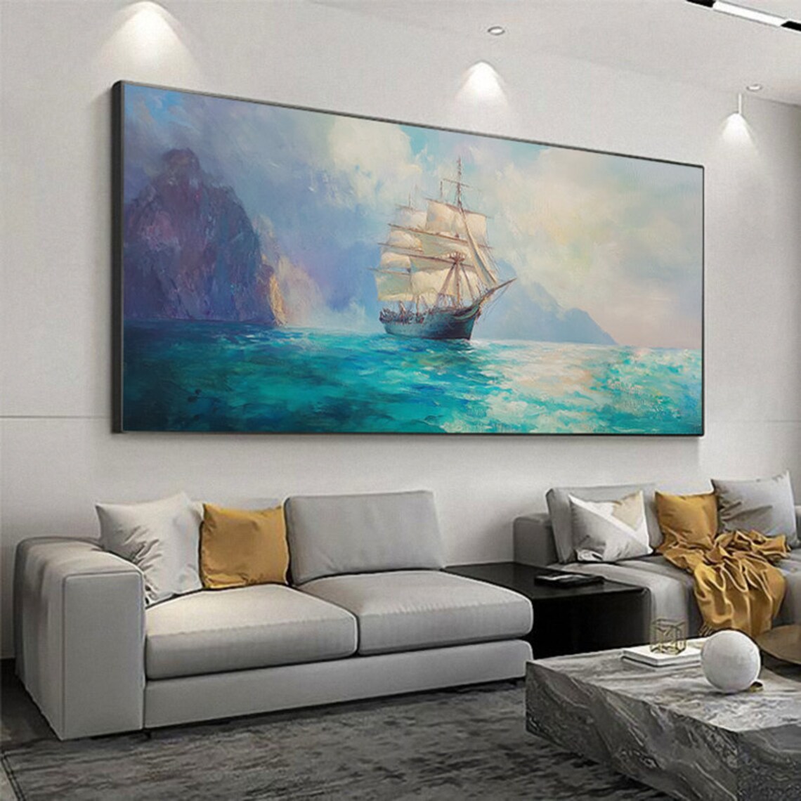 Tall Ship Sailing Turquoise Sea Past Rocky Coastline Panorama Poster - Image 2