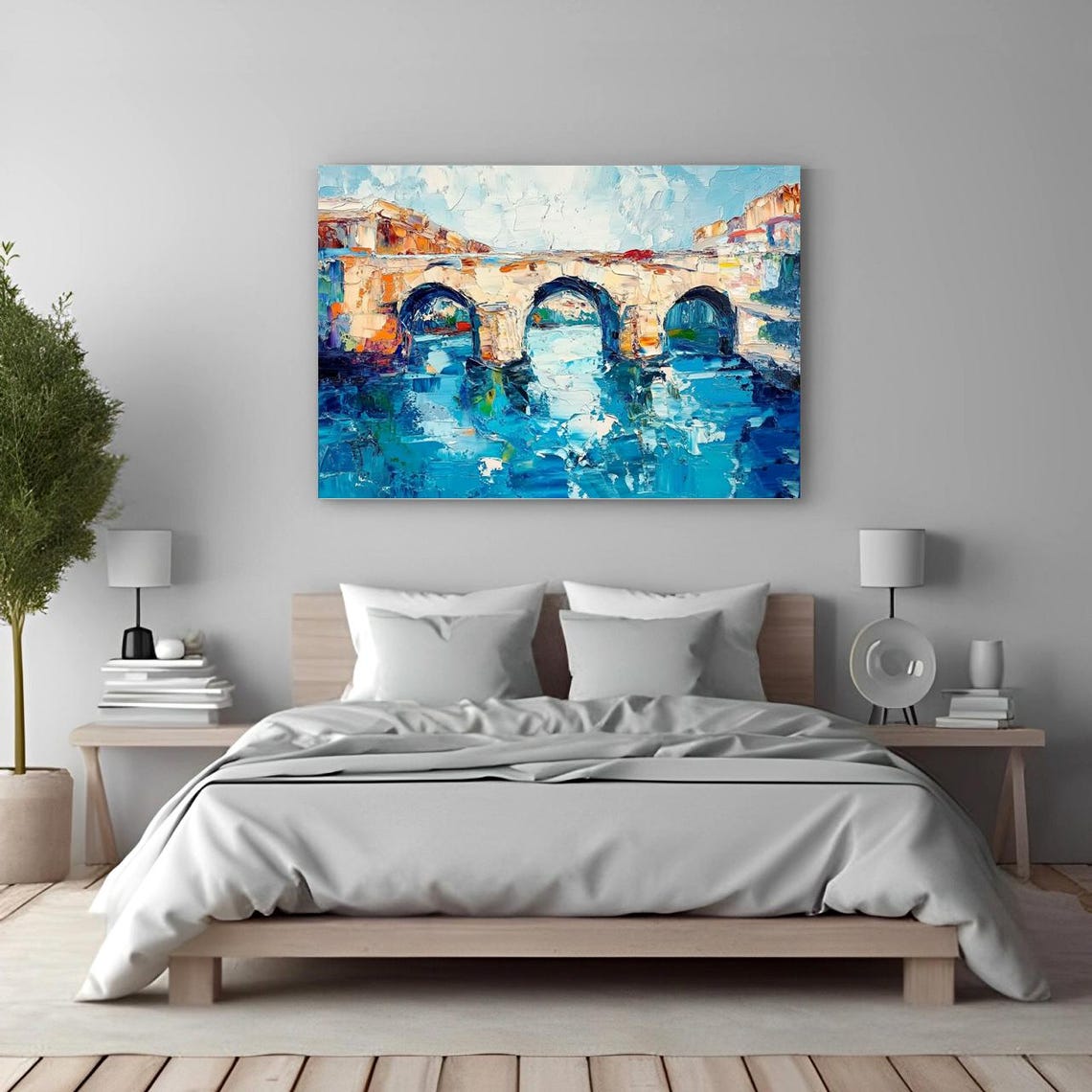 Historic Stone Arch Bridge Over a Turquoise River Oil Poster - Image 2