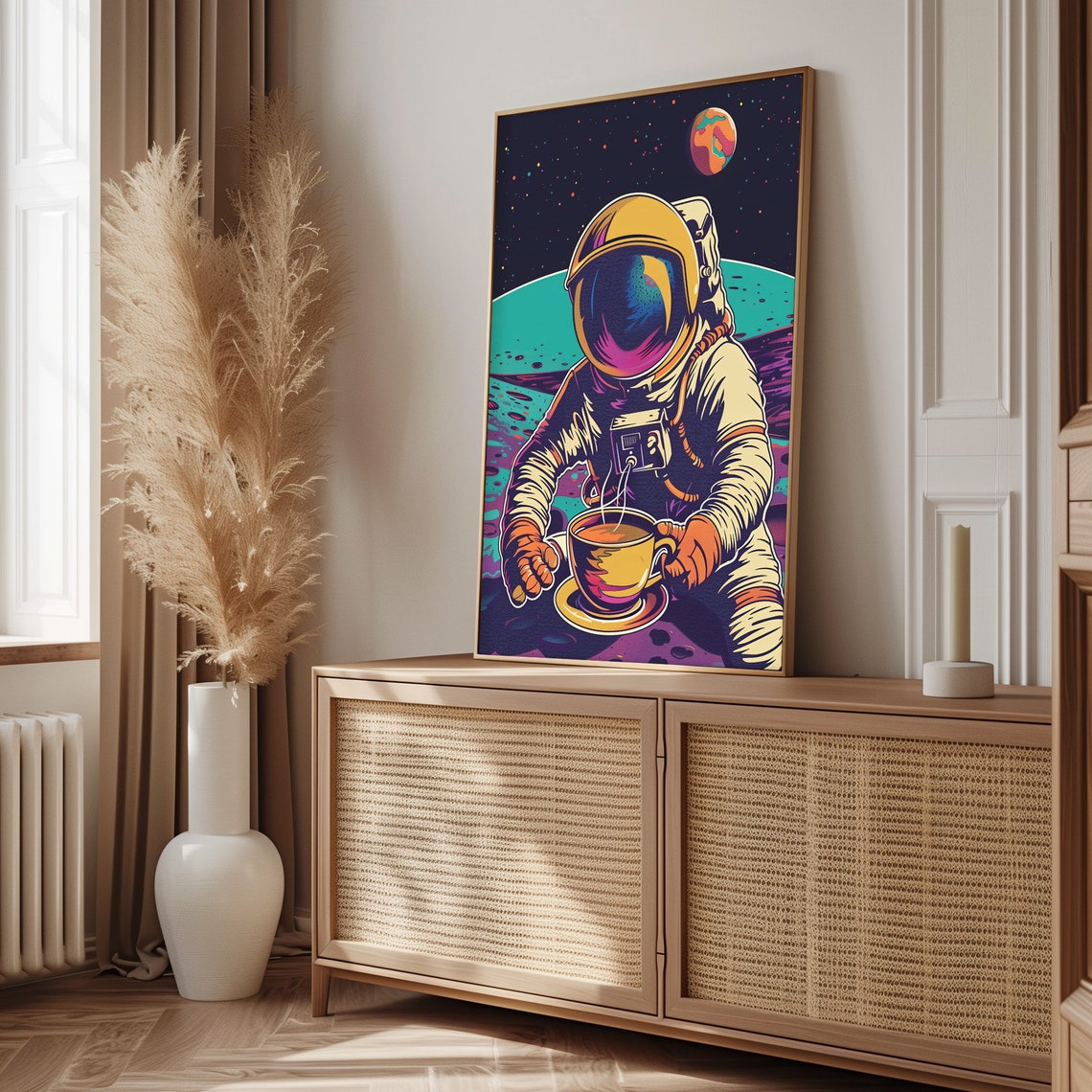 Astronaut Drinking Coffee on the Moon Retro Pop Art Space Poster - Image 3