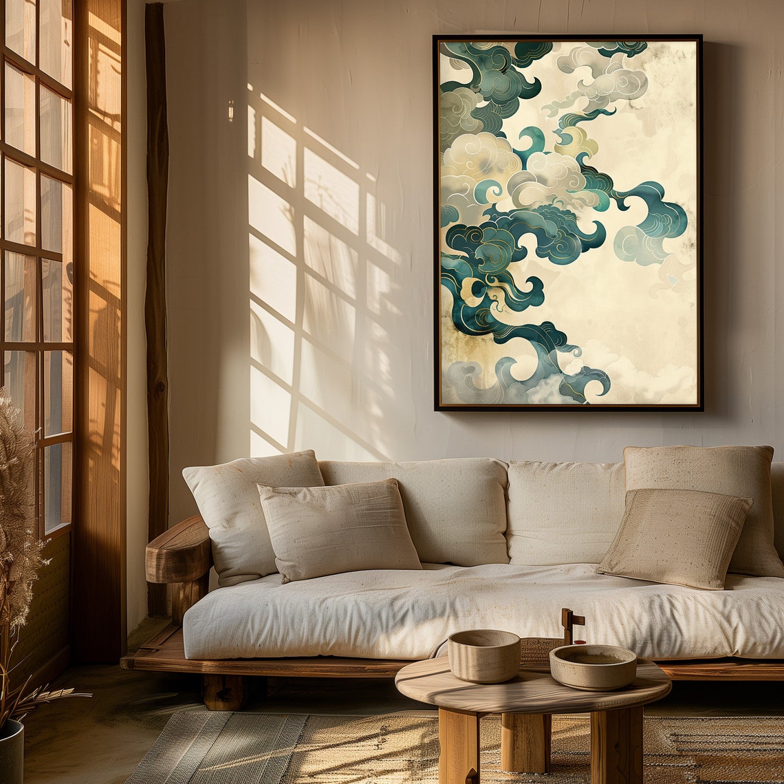 Japanese Teal Cloud Swirls Abstract Asian Wave Gold Art Poster - Image 4