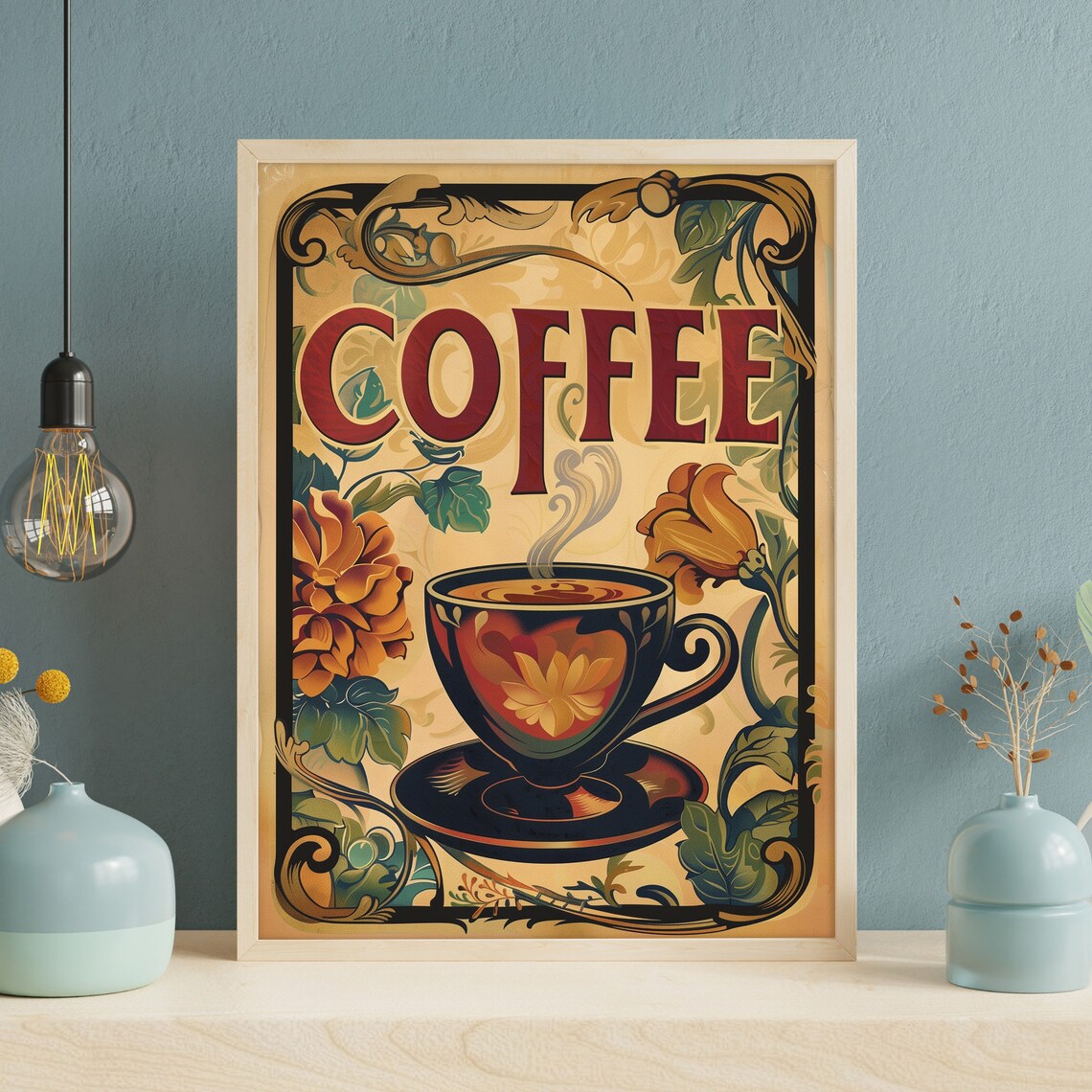 Vintage Coffee Art Nouveau Floral Teacup Kitchen Wall Poster