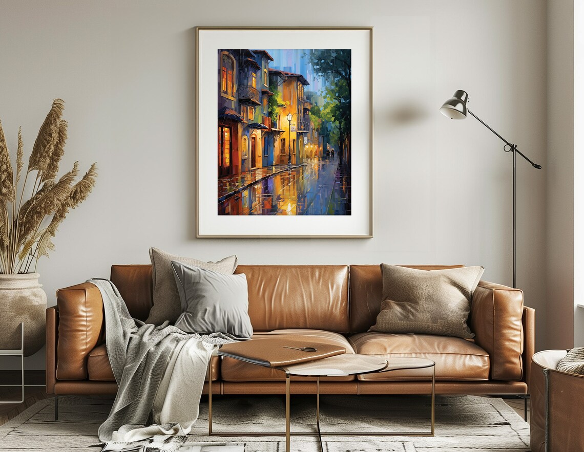 Rainy European Street Night Oil Painting Wet Cobblestone Art Poster - Image 5