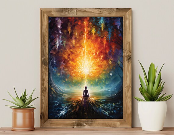 Meditating Silhouette Cosmic Light Explosion Spiritual Energy Poster