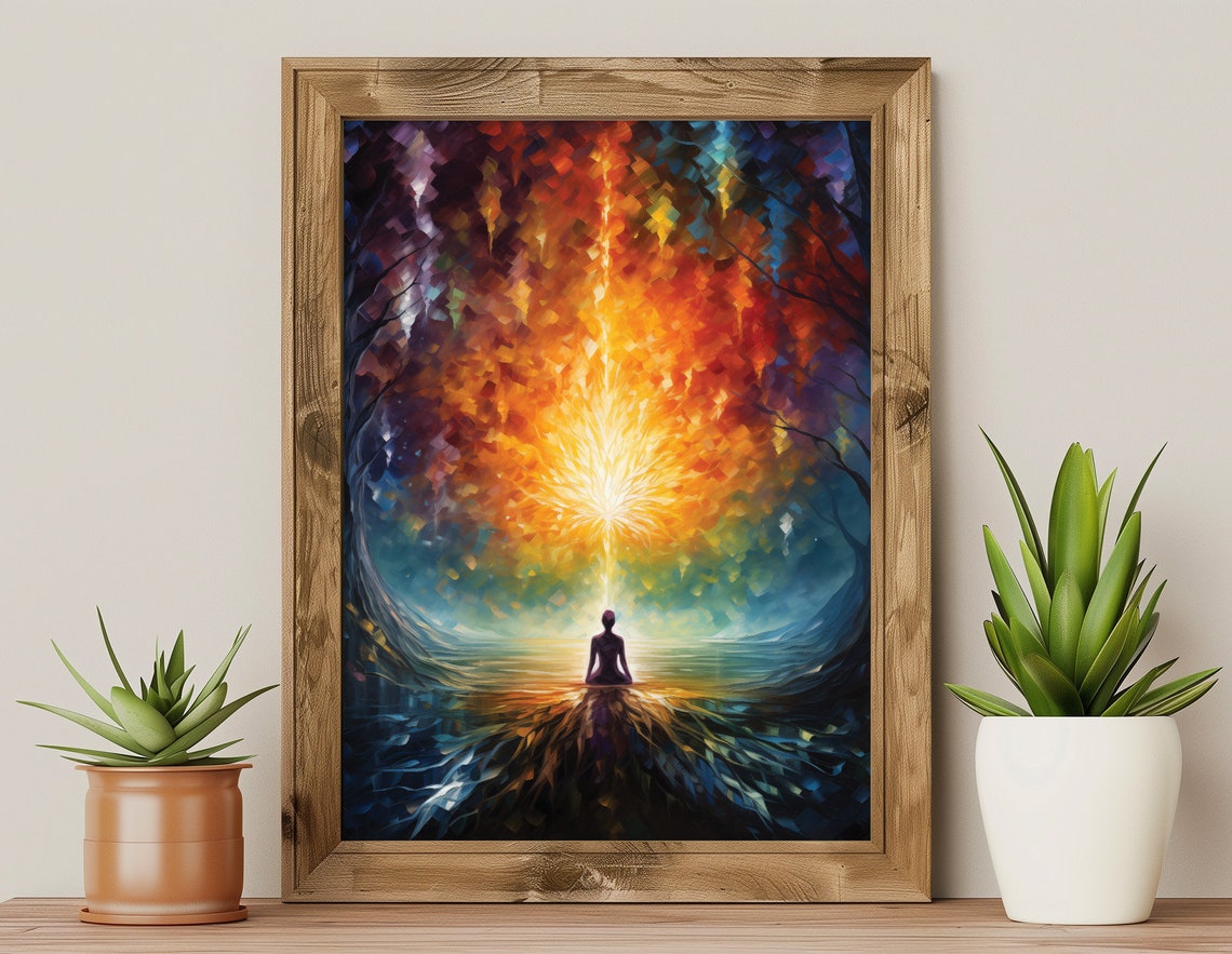 Meditating Silhouette Cosmic Light Explosion Spiritual Energy Poster