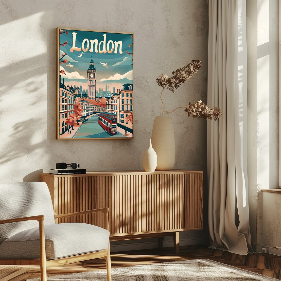 Teal London Big Ben Red Double Decker Bus Retro Travel Art Poster - Image 5