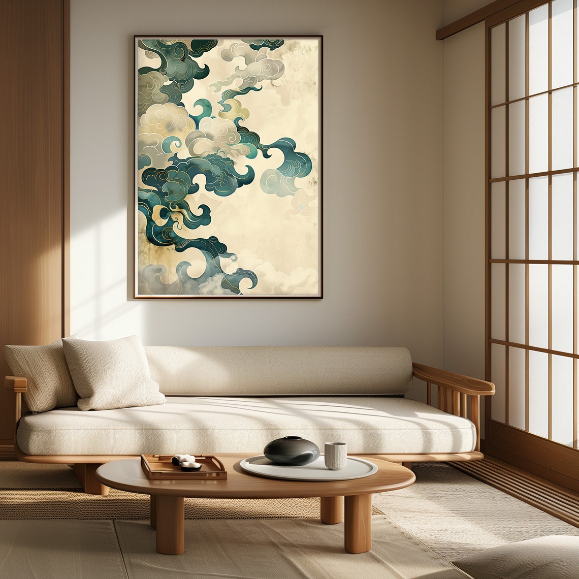 Japanese Teal Cloud Swirls Abstract Asian Wave Gold Art Poster - Image 2