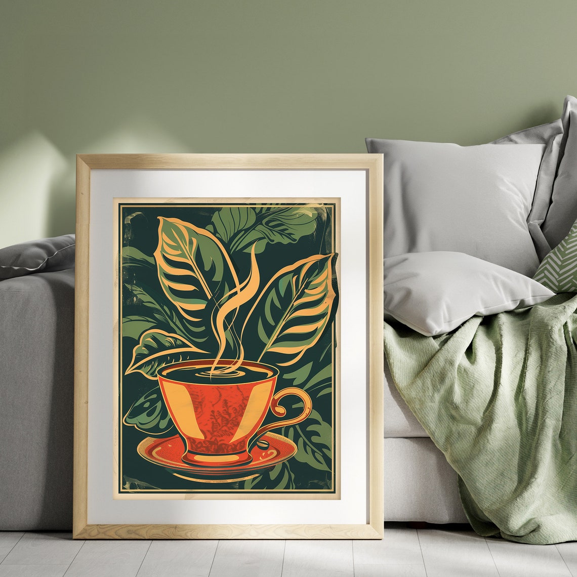 Bold Orange Coffee Cup Dark Botanical Leaves Retro Cafe Poster - Image 4