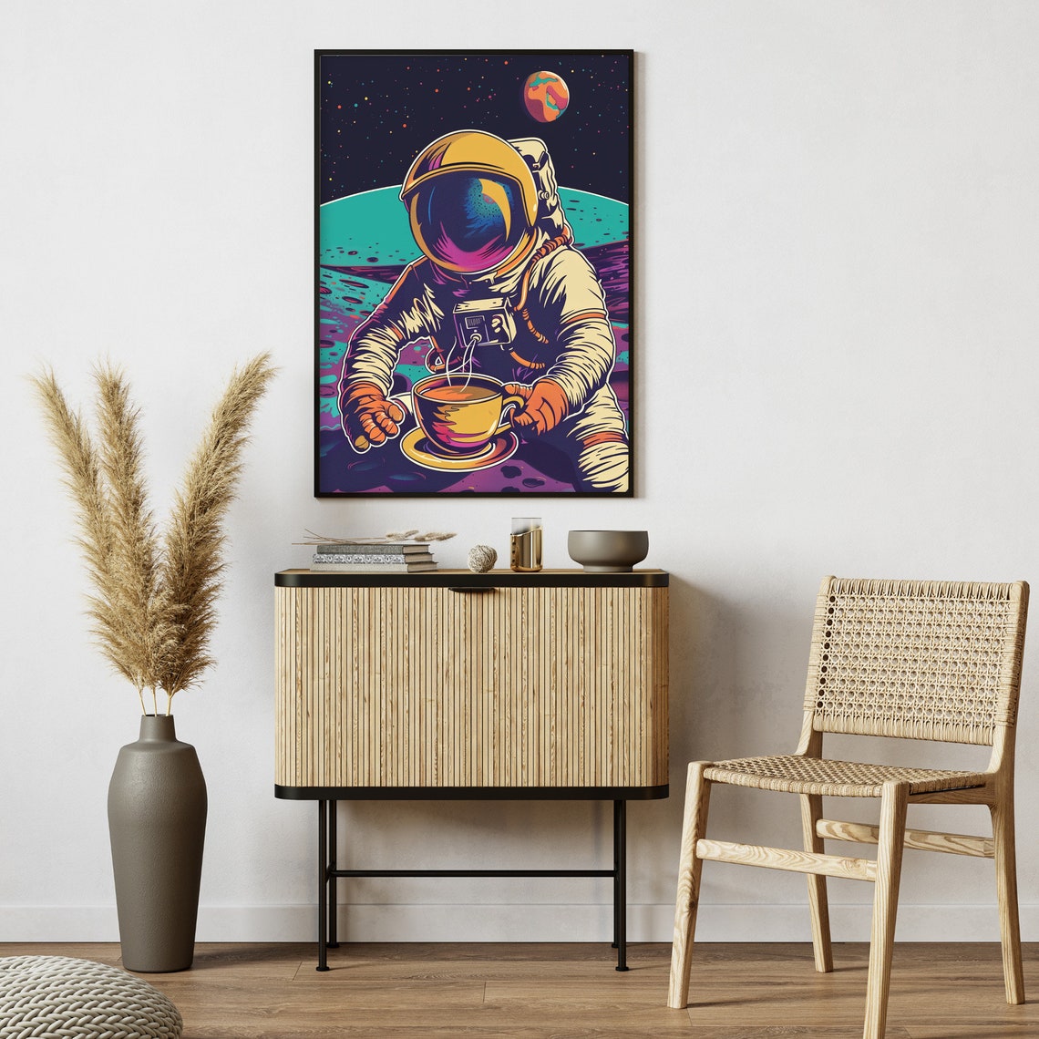 Astronaut Drinking Coffee on the Moon Retro Pop Art Space Poster - Image 2