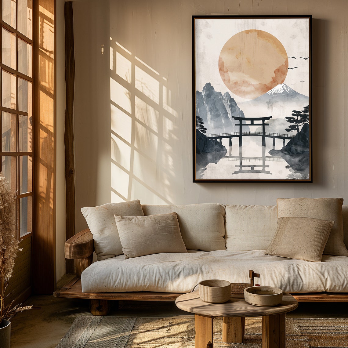 Japanese Torii Gate Mount Fuji Rising Sun Ink Wash Art Poster - Image 5