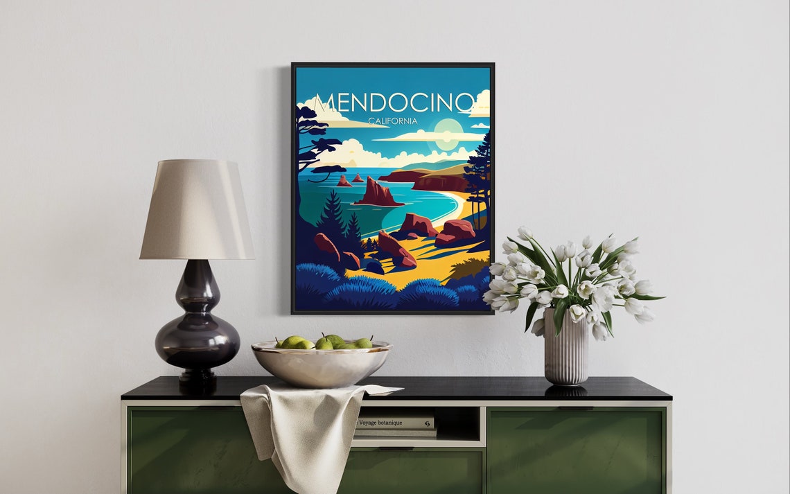Mendocino California Retro Sea Stacks Beach Pines Coast Poster - Image 2
