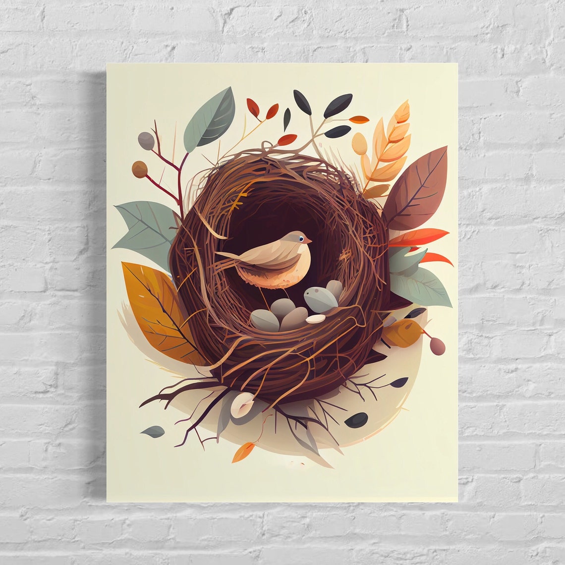 Songbird Nesting with Speckled Eggs Among Autumn Leaves Poster