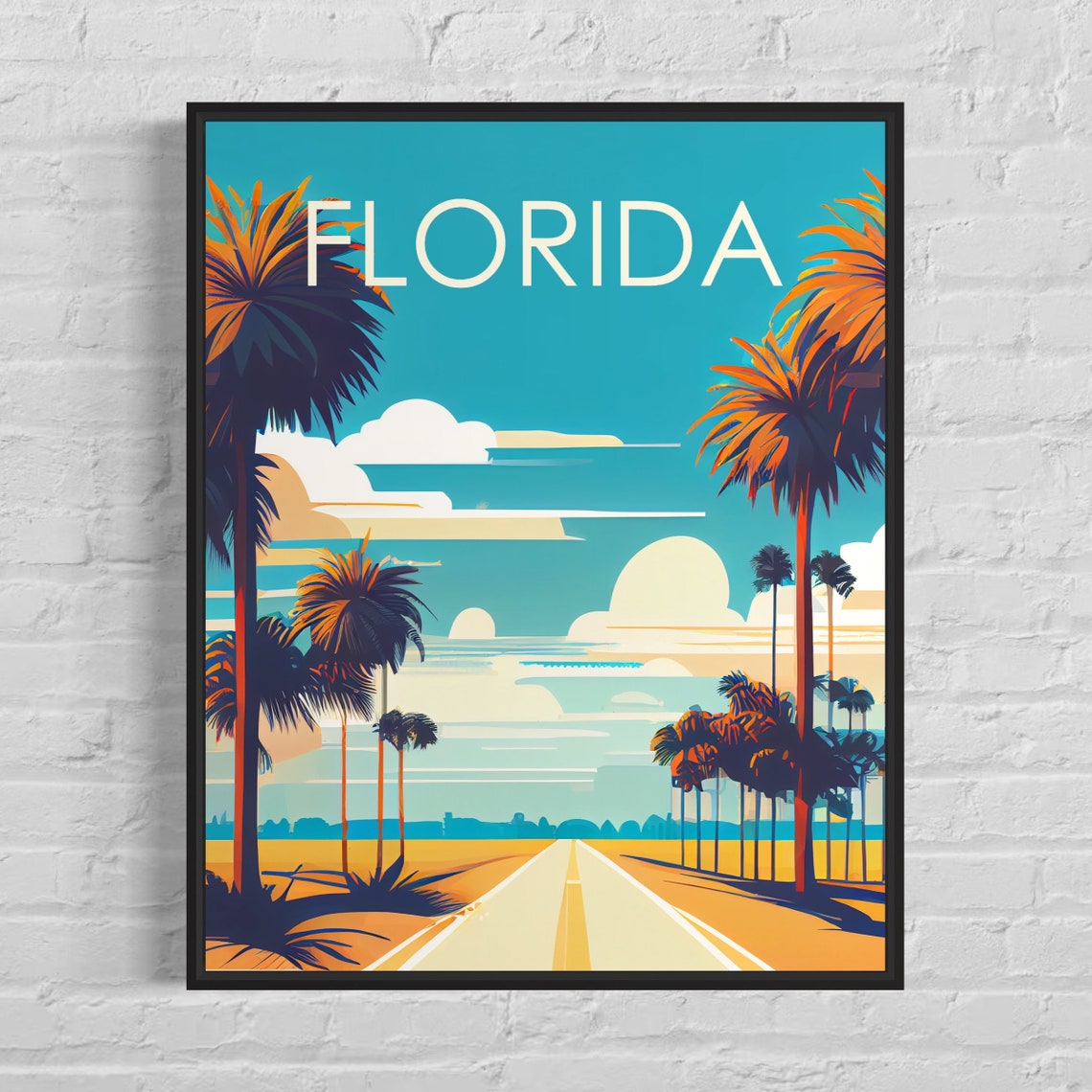Florida Sunset Palm Tree Lined Highway Road Retro Travel Poster