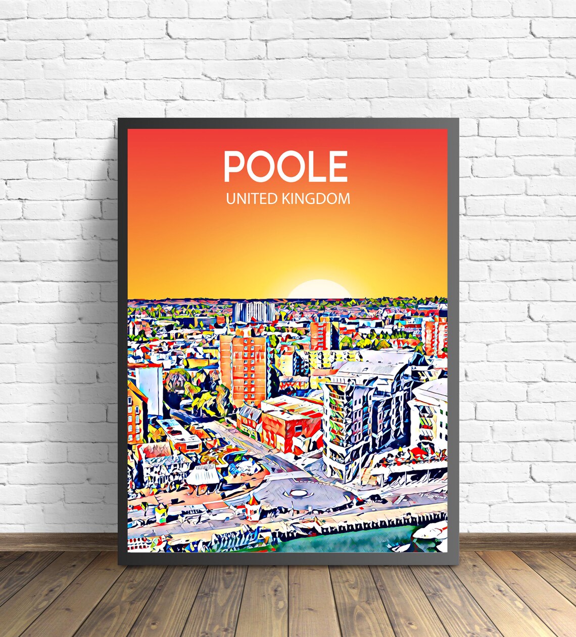 Poole England Harbor Waterfront Golden Sunset Skyline Travel Poster