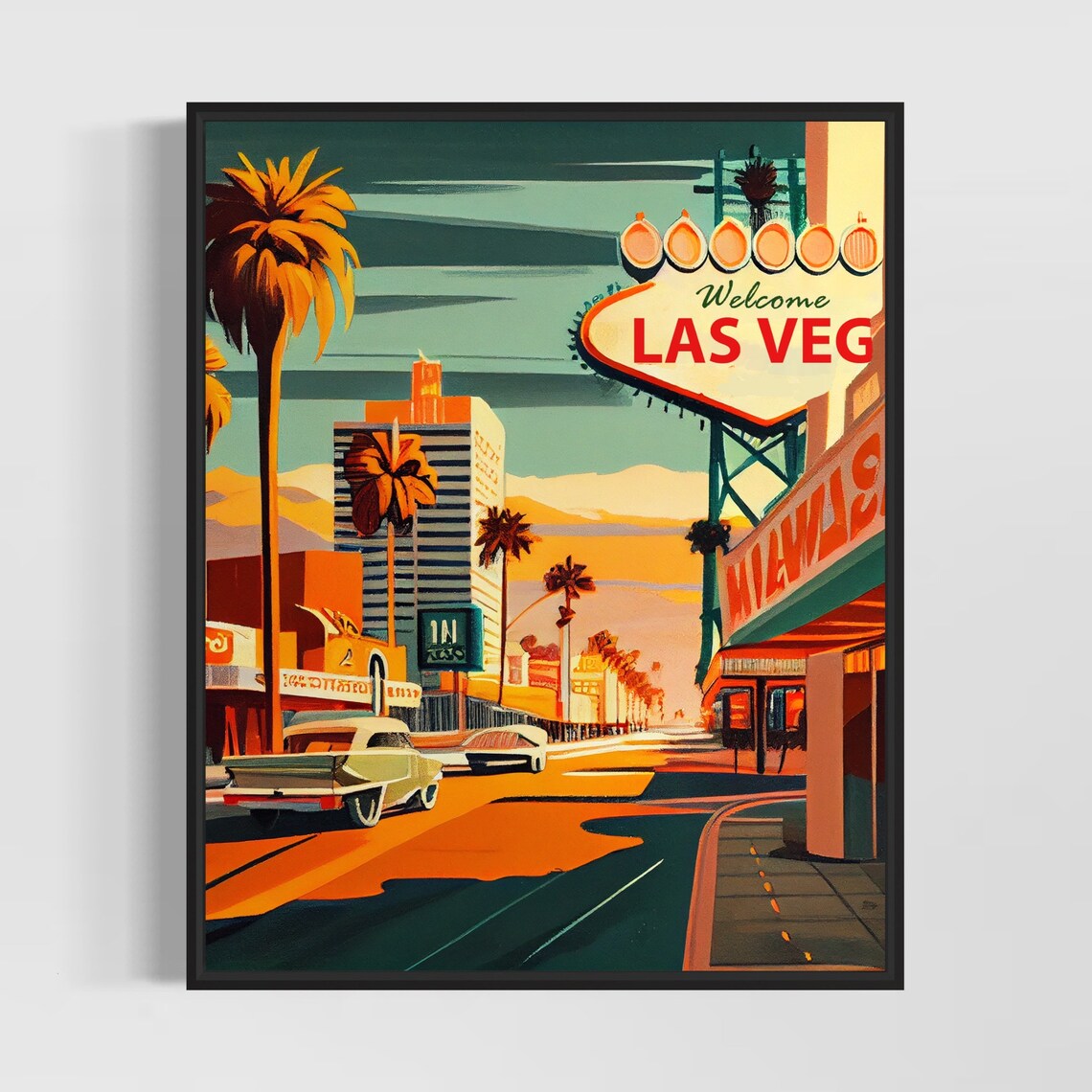 1960s Las Vegas Strip Welcome Sign Classic Cars Retro Poster