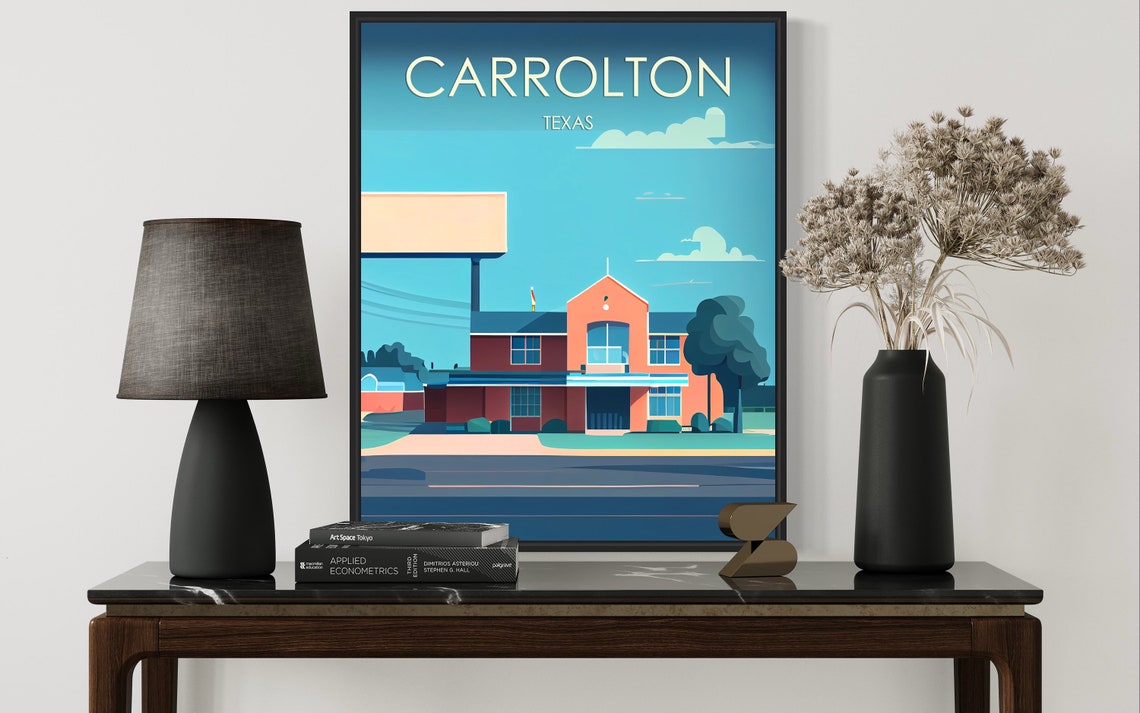 Carrolton Texas Retro Small Town Building Billboard Travel Poster - Image 2