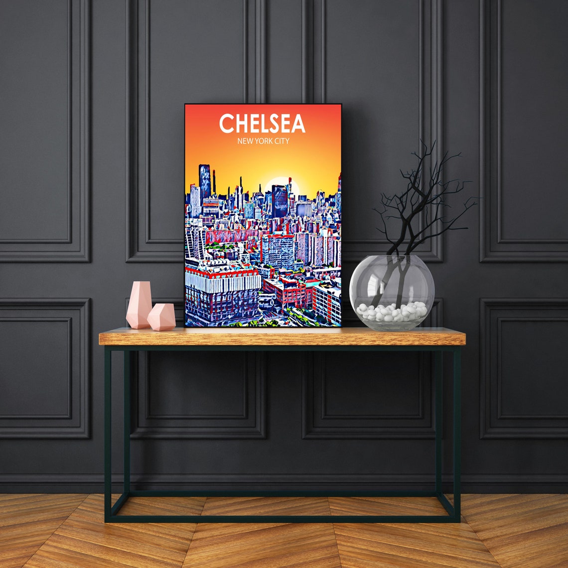 Chelsea New York City Art Poster Sunset Night Landscape Poster Print Chelsea City Framed Wall Art United States Colorful Skyline Sketch - Image 3