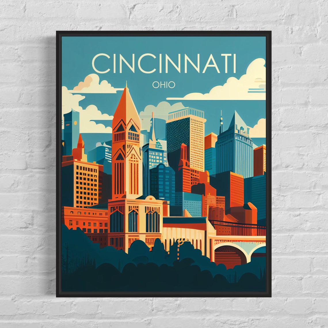 Cincinnati Ohio City Skyline Sunset Tower Retro Travel Poster