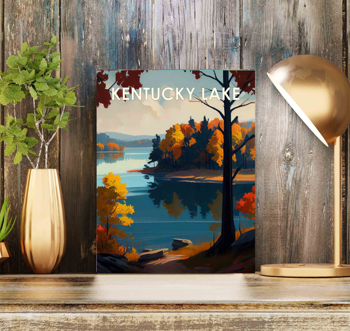 Tranquil Kentucky Lake Autumn Shoreline Golden Reflection Art Poster - Image 2