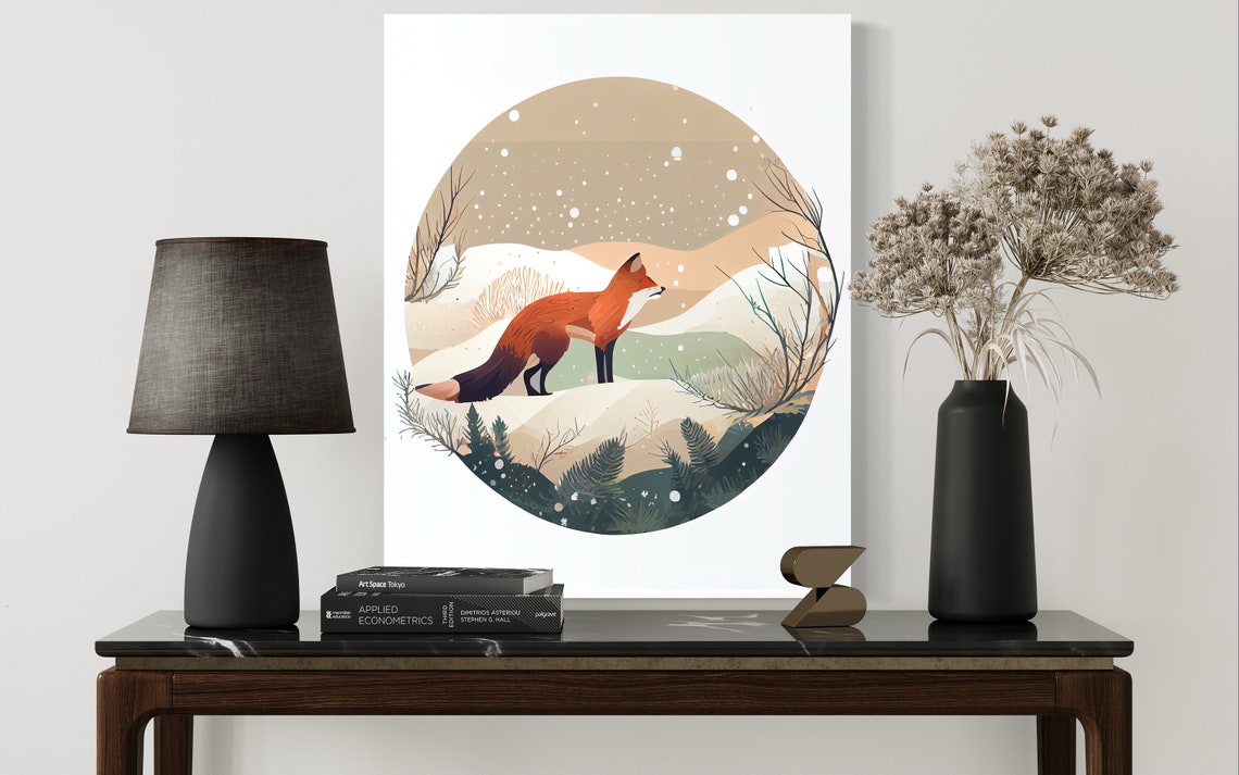 Red Fox in Snowy Winter Forest Circular Illustration Art Print - Image 2
