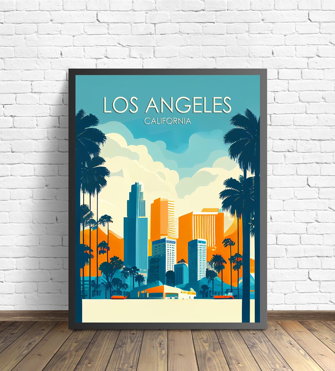Los Angeles California Poster with Golden Sunset Skyline Palms