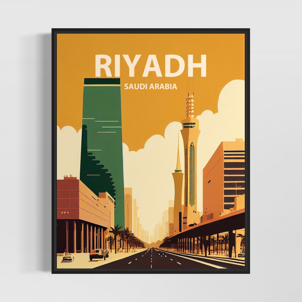 Riyadh Saudi Arabia Golden Boulevard Retro City Skyline Art Poster