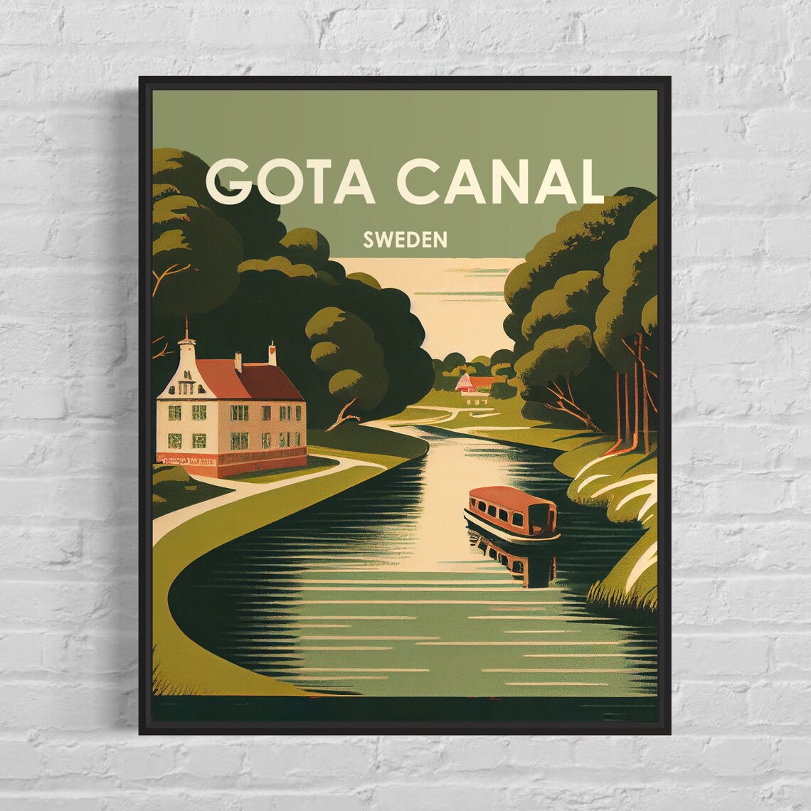 Gota Canal Sweden Boat Winding Through Green Countryside Poster