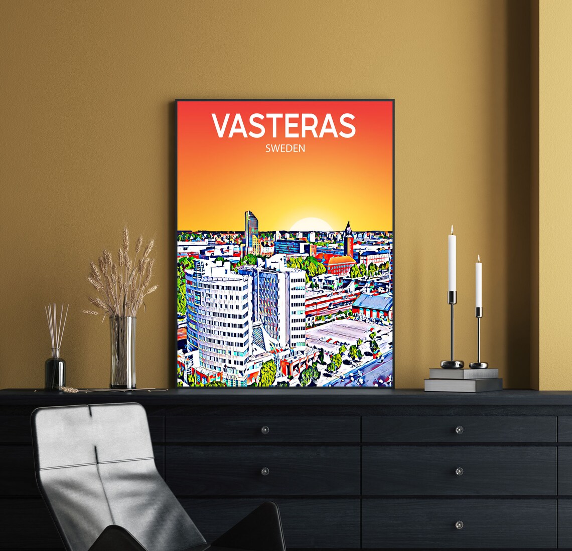 Vasteras Sweden Sunset Cityscape Bright Colorful Travel Poster - Image 2