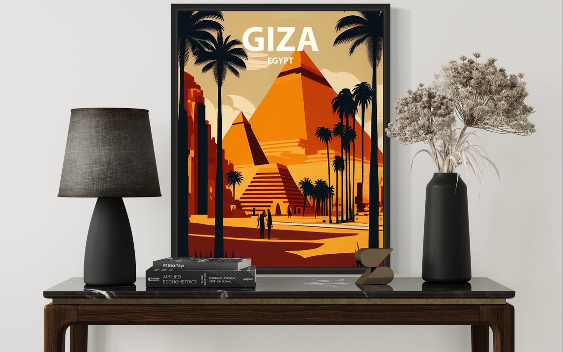 Giza Egypt Retro Sunset Over the Pyramids and Palm Trees Poster - Image 3
