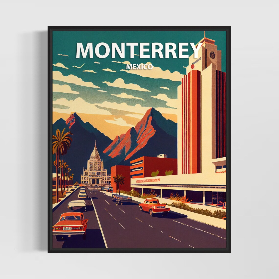 Monterrey Mexico Mountain Skyline Classic Cars Vintage Travel Poster