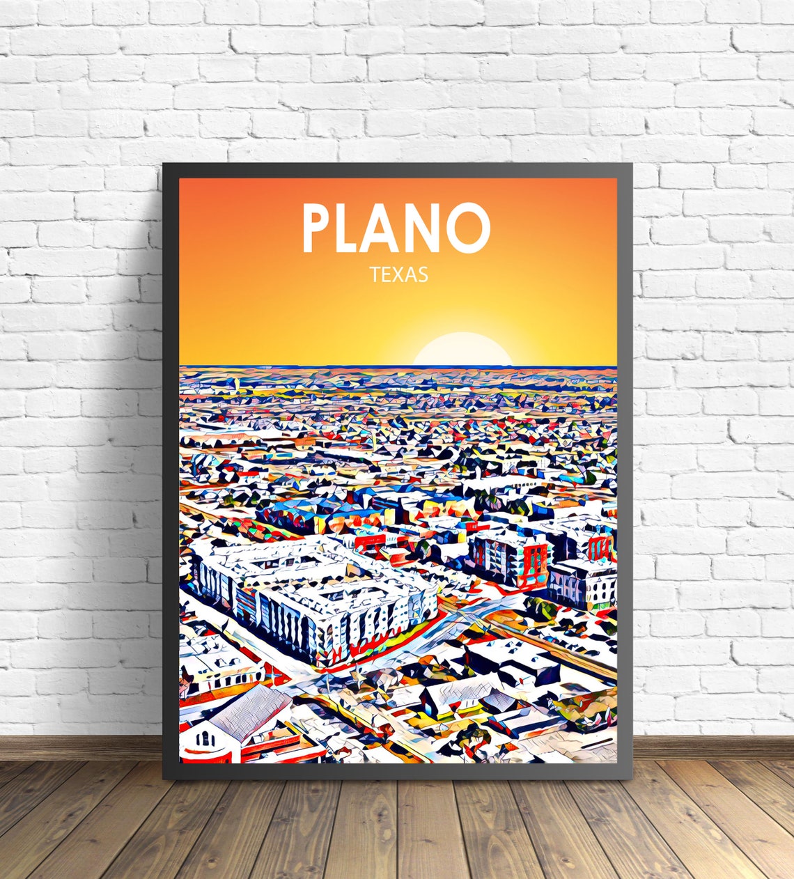 Framed Plano Texas Colorful Sunset Skyline City Travel Poster