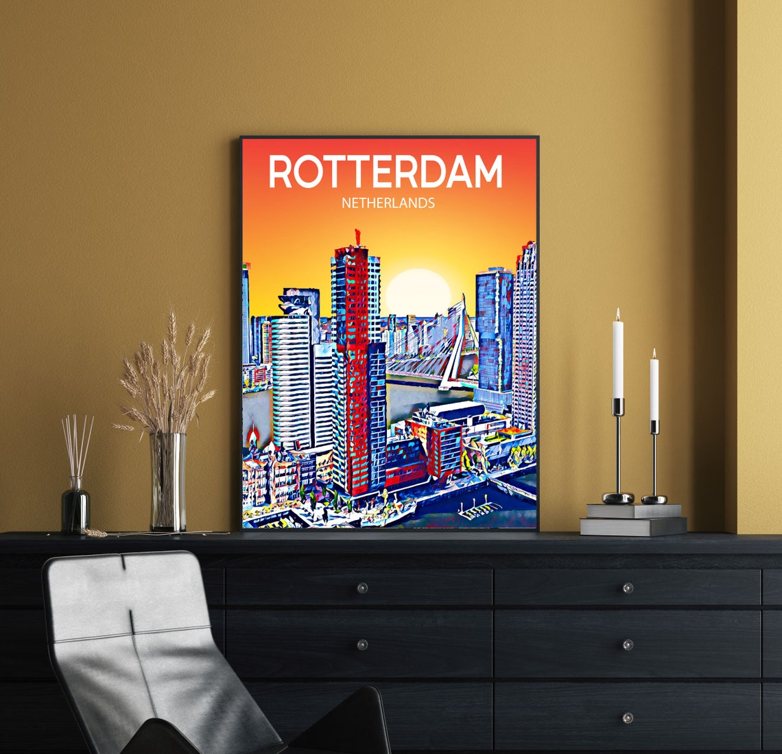 Rotterdam Netherlands Sunset Skyline Bridge Harbor Art Poster - Image 2