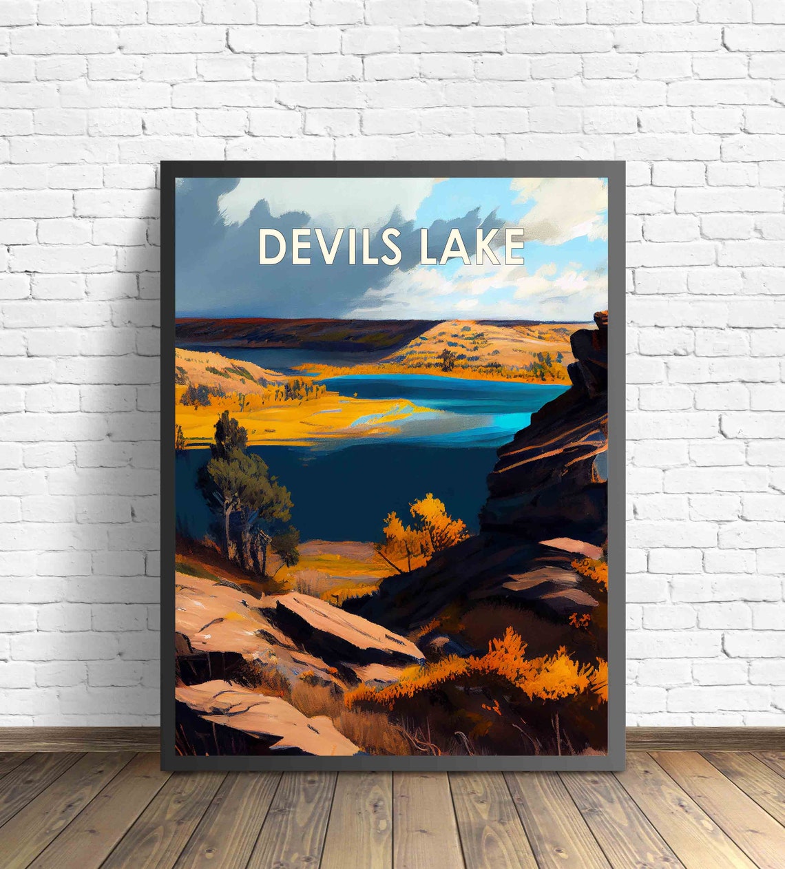 Devils Lake Rocky Cliffs Autumn Gold Prairie North Dakota Poster