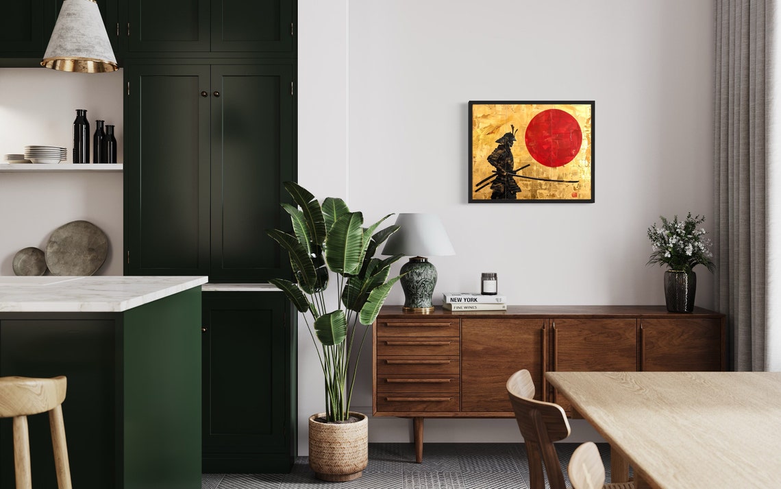 Samurai Warrior Red Sun Gold Leaf Japanese Style Warrior Wall Art - Image 3
