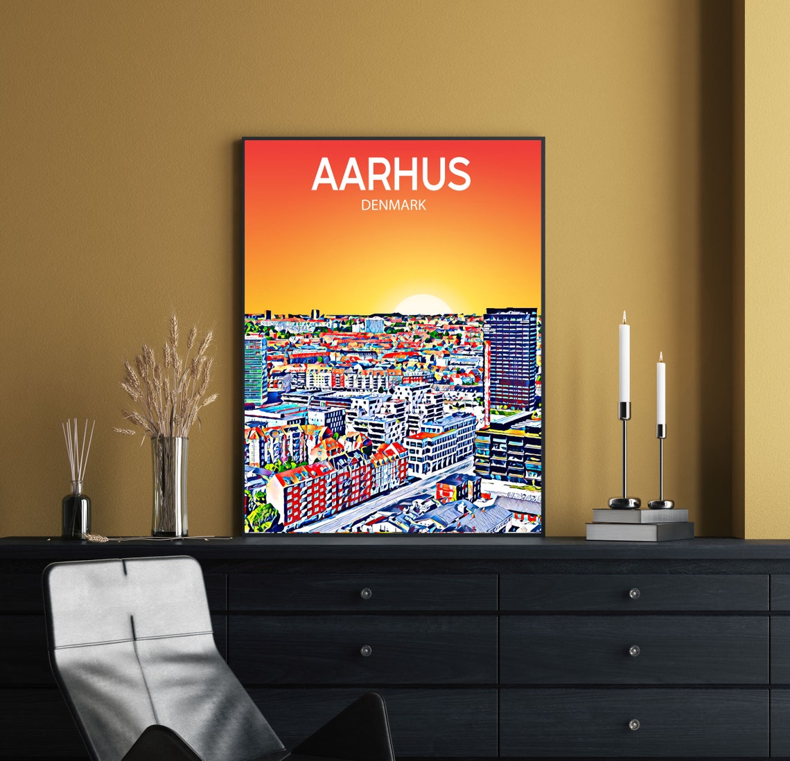 Aarhus Denmark Sunset Cityscape Modern Colorful Travel Art Poster - Image 2