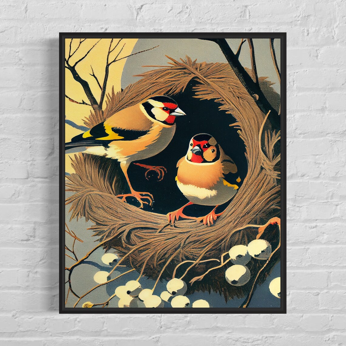 European Goldfinch Pair Guarding Their Nest Vintage Bird Art Print