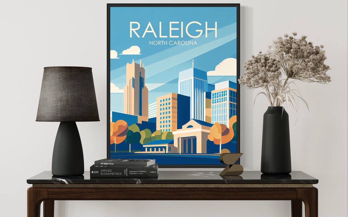 Raleigh North Carolina Downtown Skyline with Trees Retro Travel Poster - Image 2