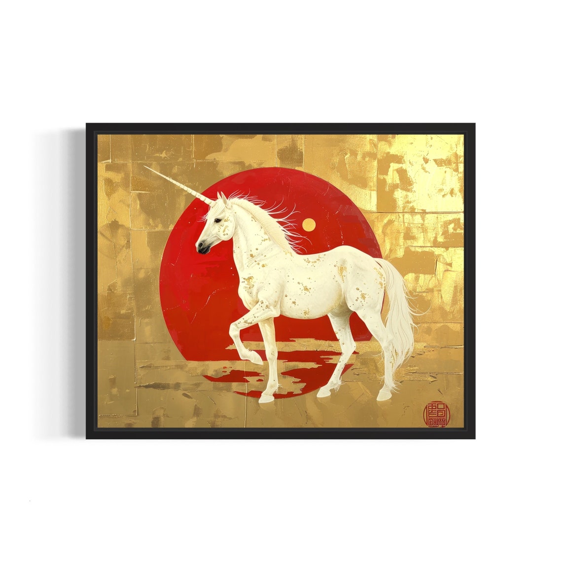 White Unicorn Galloping Before Red Sun Gold Leaf Fantasy Art Poster