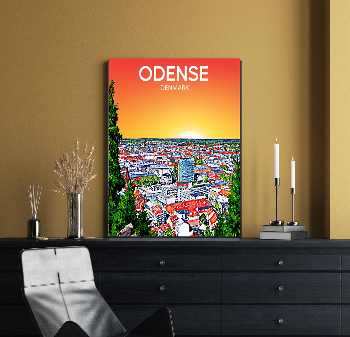Odense Denmark Red Rooftop Old Town Sunset Skyline Travel Art Poster - Image 2
