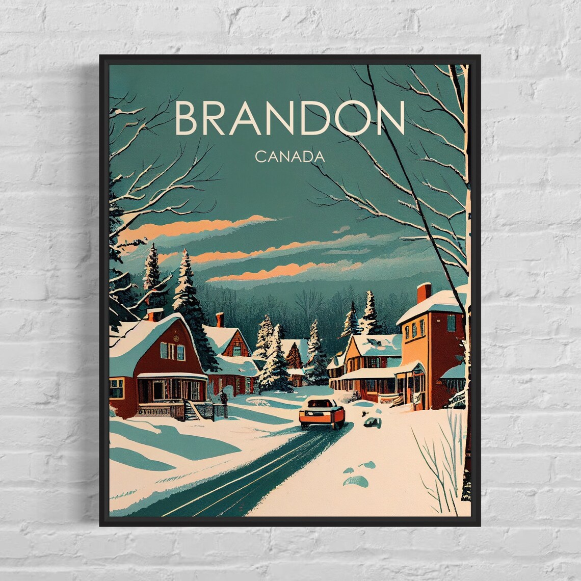 Brandon Canada Snowy Neighborhood Red Houses Vintage Winter Poster