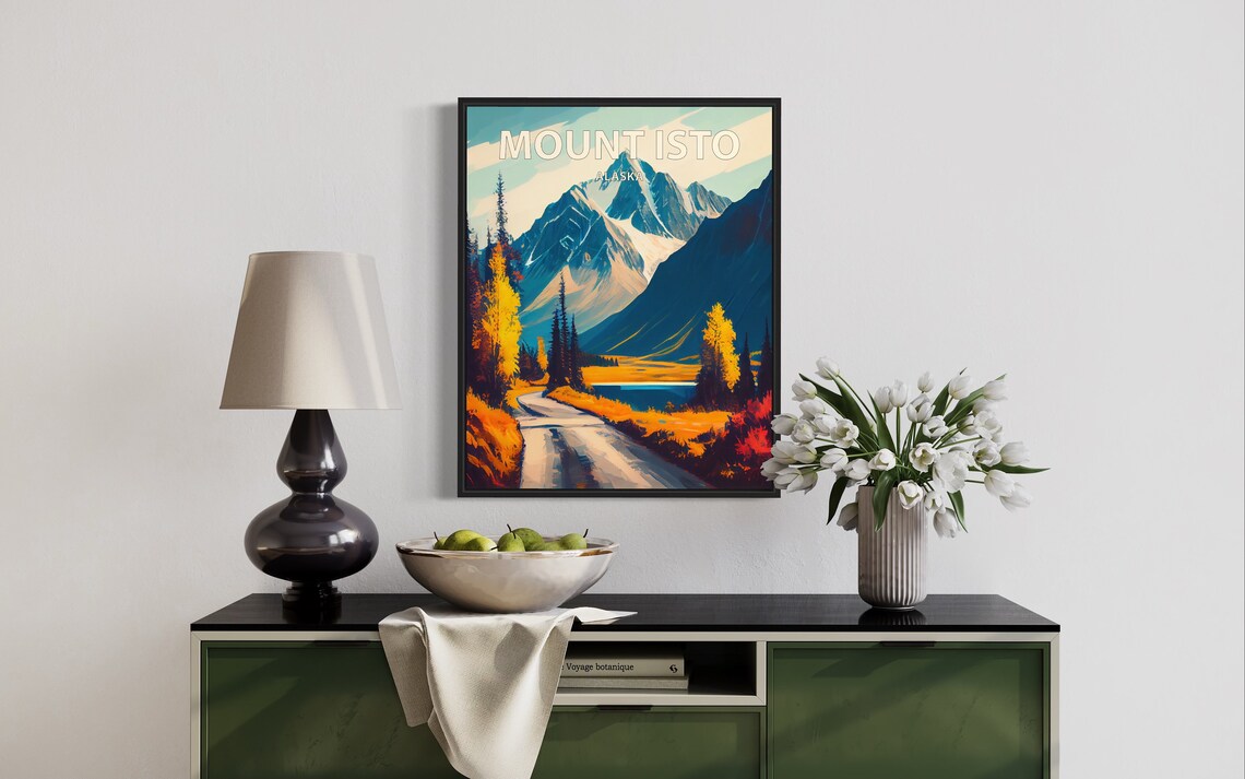 Mount Isto Alaska Alpine Road Lakeside Fall Colors Retro Travel Poster - Image 3