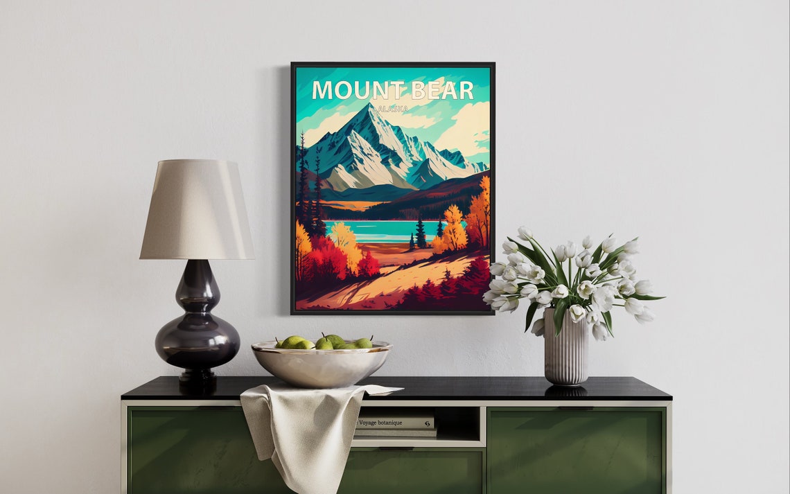 Mount Bear Alaska Lakeside Trail Snowy Peak Fall Retro Travel Poster - Image 3