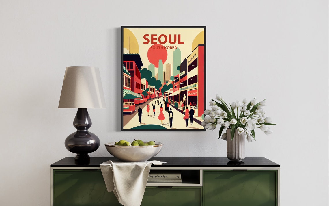 Seoul South Korea Busy Street under Red Sun Retro City Scene Poster - Image 3
