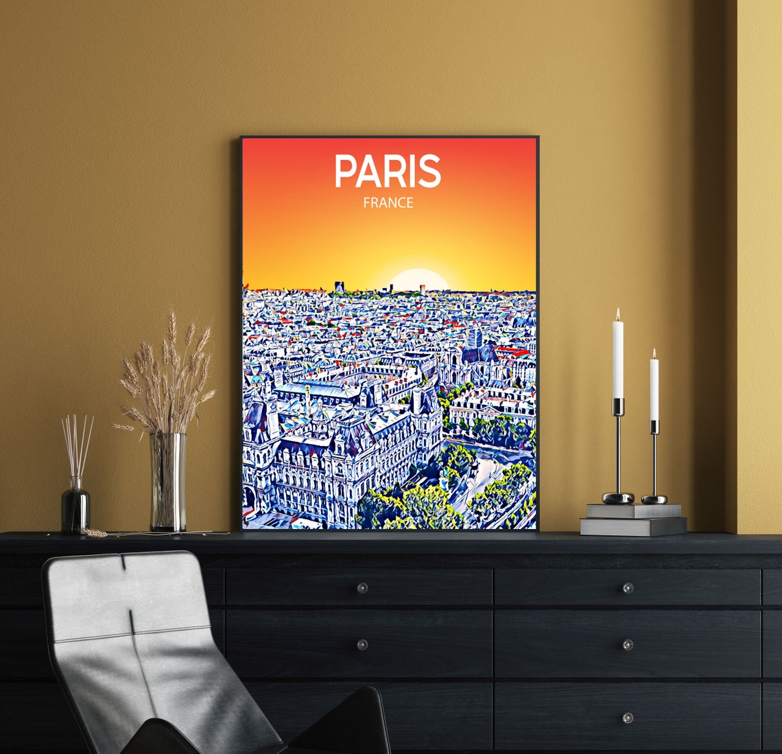 Paris France Aerial Rooftops Sunset Panorama City Skyline Art Poster - Image 2