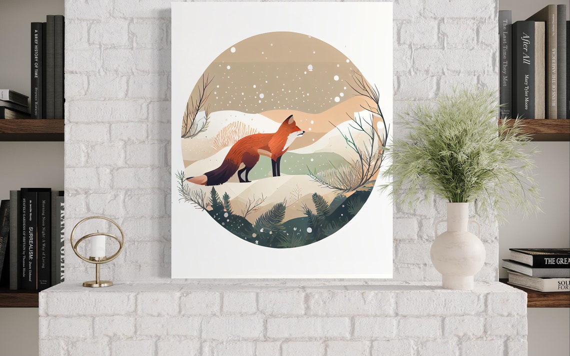Red Fox in Snowy Winter Forest Circular Illustration Art Print - Image 3